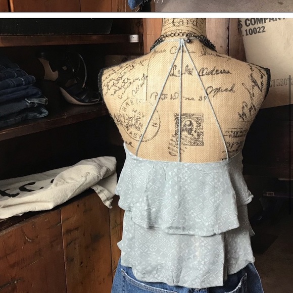 Hollister green/white patterned ruffled sleeveless top - Picture 2 of 6